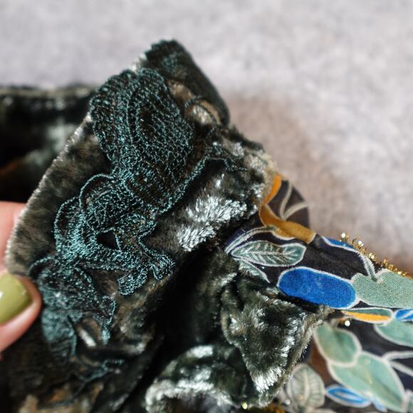 Anna Sui Dress Womens 4 Mini Silk Velvet Trim Patterned Textured Green Long Slv - Picture 5 of 11